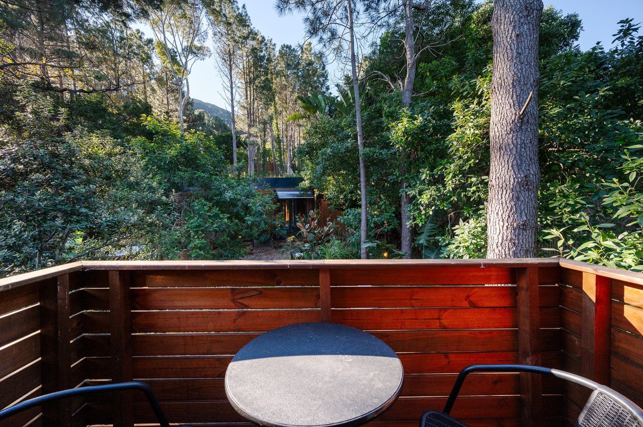A table for two on the private balcony, looking into the forest