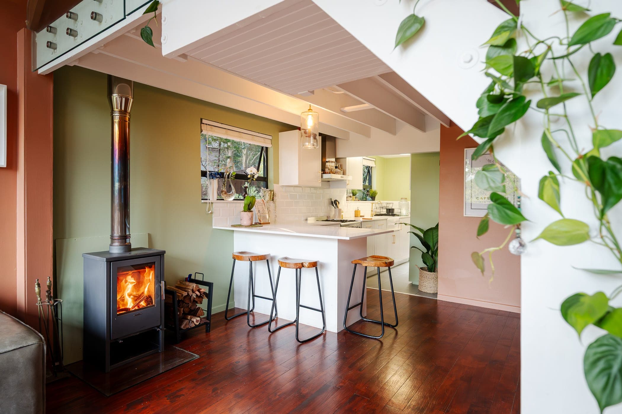 The kitchen seen from the living room, trailing pothos framing the view