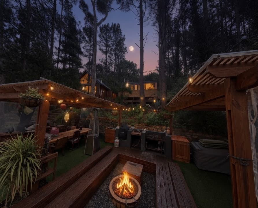 The Amara Moon deck at dusk, a fire pit burning beneath festoon lights with the studio glowing beyond in the pines
