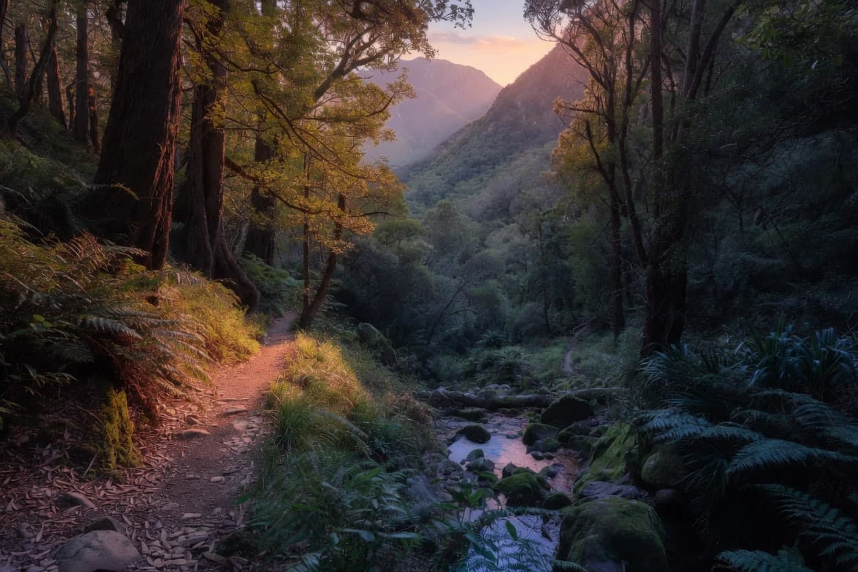 Sunset light on the forest trail beside the stream, climbing towards Myburghs waterfall ravine